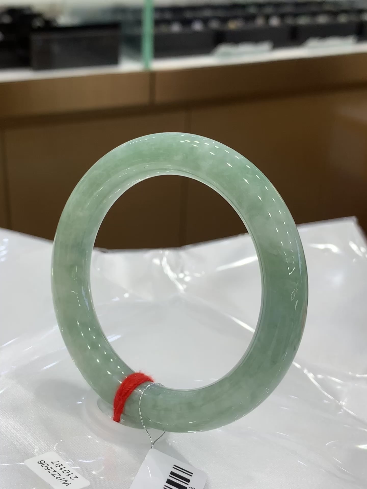 Delicate bean green Jadeite round bangle 56mm*10.8mm